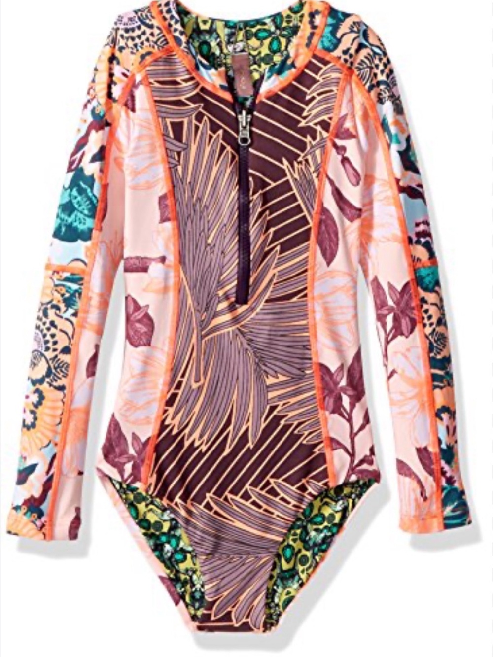 Maaji Girls Long Sleeve Rashguard One-Piece - Pink, Brown & Teal Floral